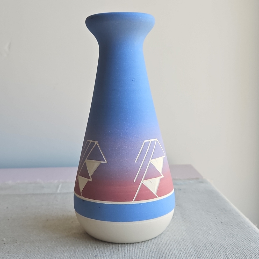 Hand-crafted Native American Pottery Vase, Geometric Design, Signed